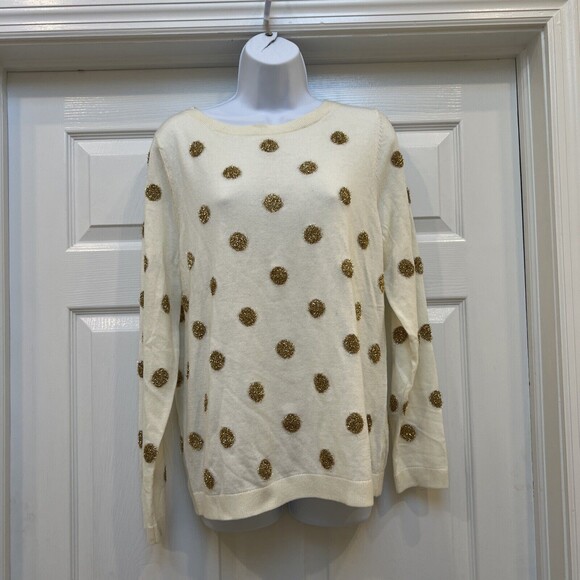 Talbots Wool Blend Sweater Large Ivory Gold Polka Dot Crew Neck Long Sleeve EUC - Picture 1 of 7